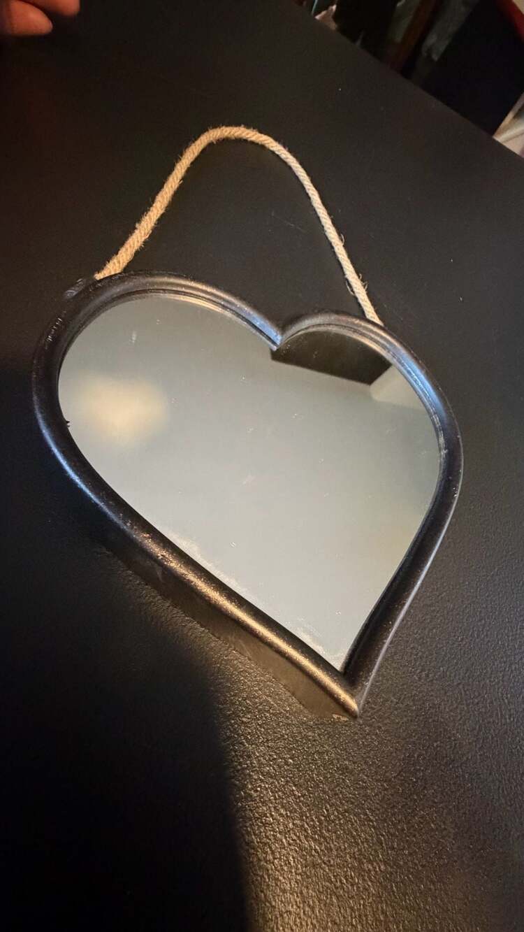 Heart Shaped Wall Mirror with Black Frame and Rope Hanger